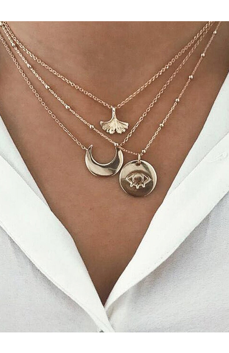 Gold Leaf, Moon and Eye Necklace