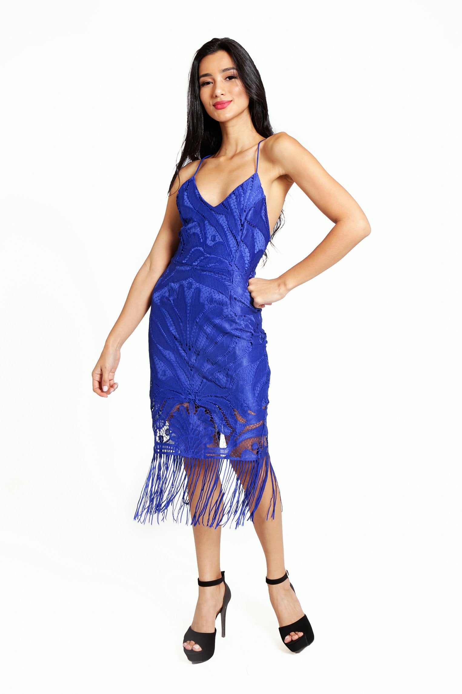 Blue Backless Lace Party Midi Dress with Fringe 