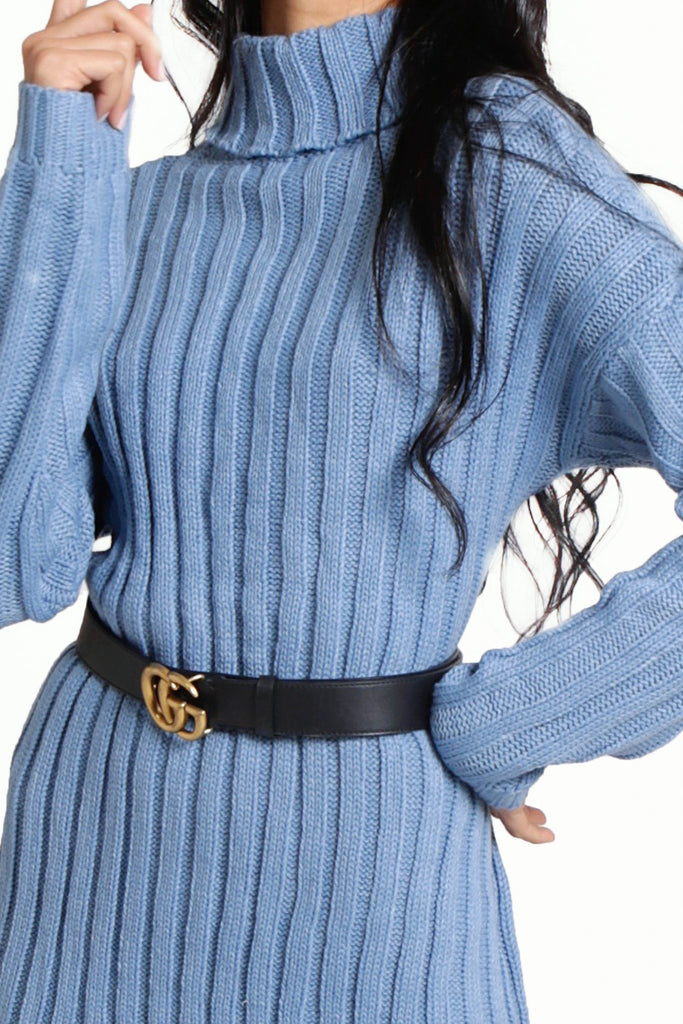 Long sleeved blue cable knit turtle neckline dress 