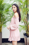 Blush Pink Semi Sheer Off the Shoulder Boho Dress with Bell Sleeves and Ruffled Hem