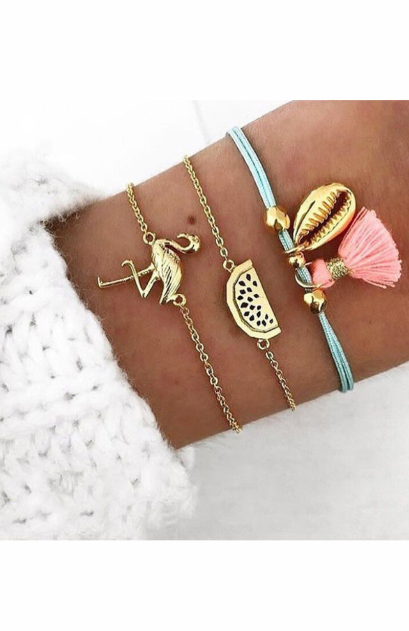 Gold chain, Blue and Pink Seashell Flamingo Watermelon Charm Three Bracelet Set