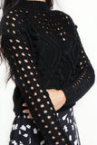 Black Crop Long Sleeve Jumper with Pom Poms and Open Knit