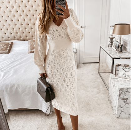 White Long Sleeve V-Neck Knit Maxi Dress
