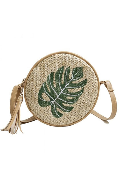 Round straw woven tan beach bag with palm leaf embroidery