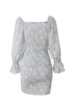 White floral long sleeved dress with adjustable front rouching
