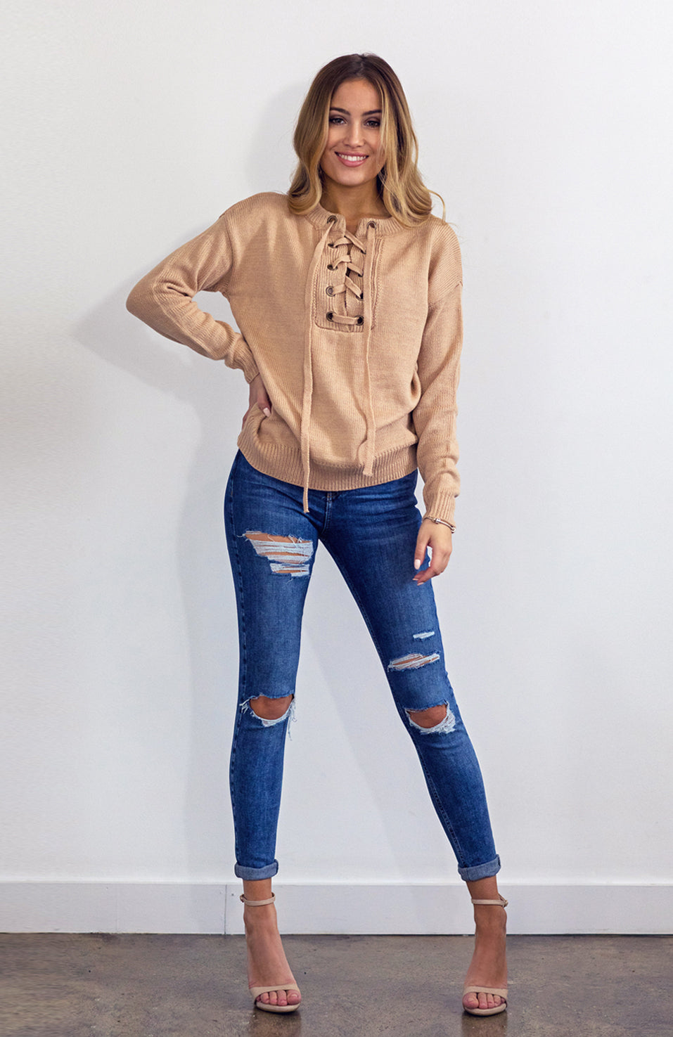 Biege Cream Cinnamon Lace Up Knit Loose Fit Pull Over Jumper 