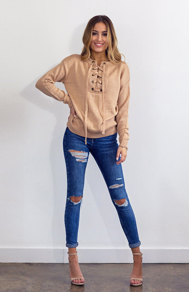 Biege Cream Cinnamon Lace Up Knit Loose Fit Pull Over Jumper 