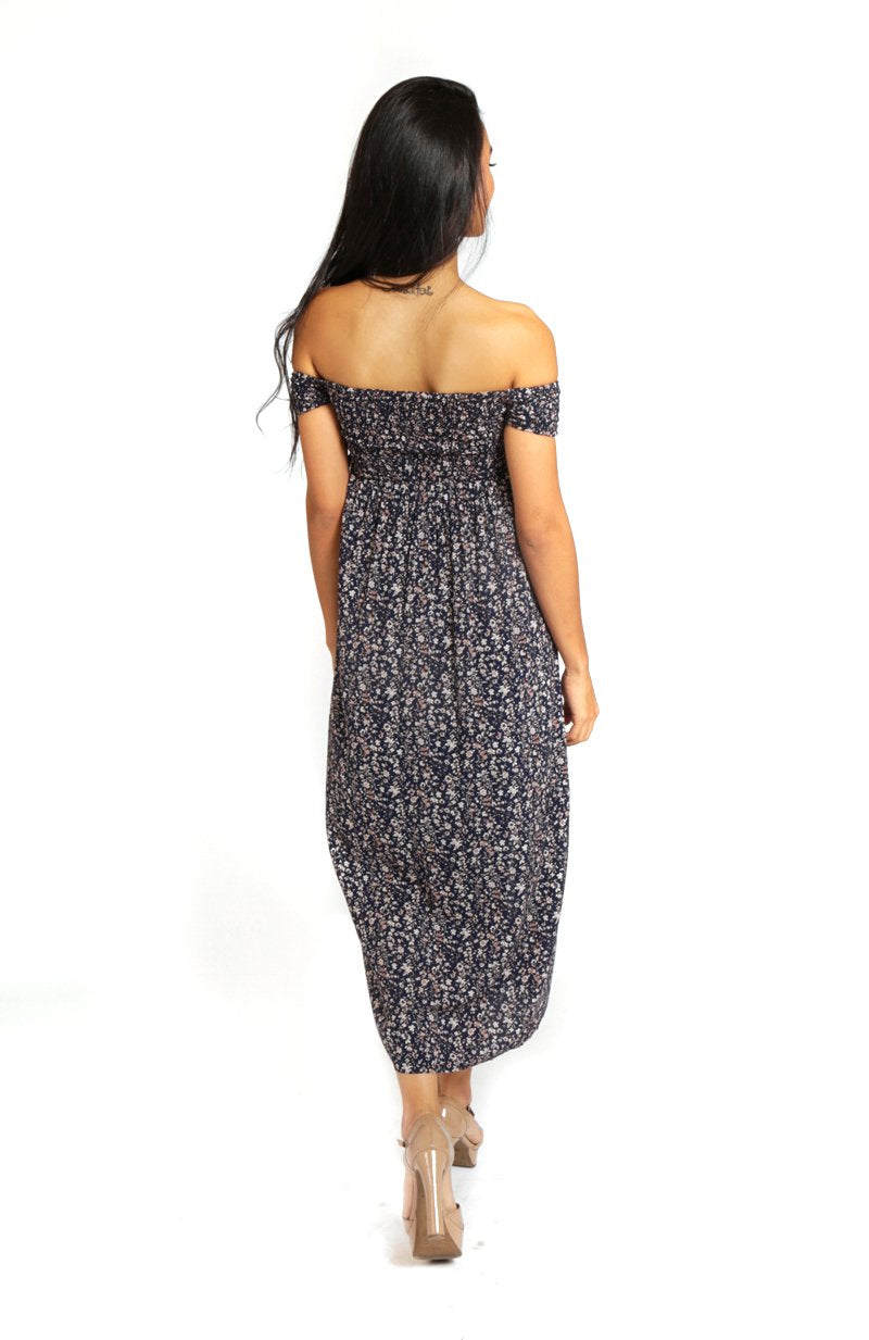 Blue Floral Printed Off the Shoulder Maxi Dress with a Rouched Bodice and Side Splits
