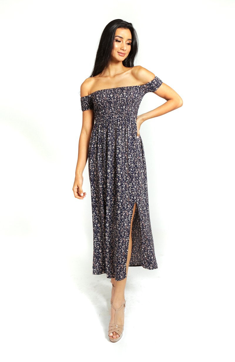 Blue Floral Printed Off the Shoulder Maxi Dress with a Rouched Bodice and Side Splits